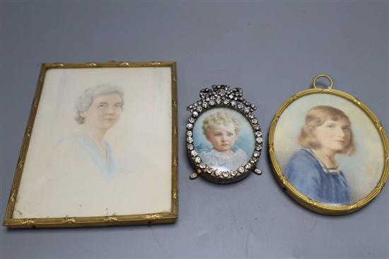 A Victorian oval portrait miniature, signed A H Hunt, height 8cm, and two other Victorian portrait miniatures